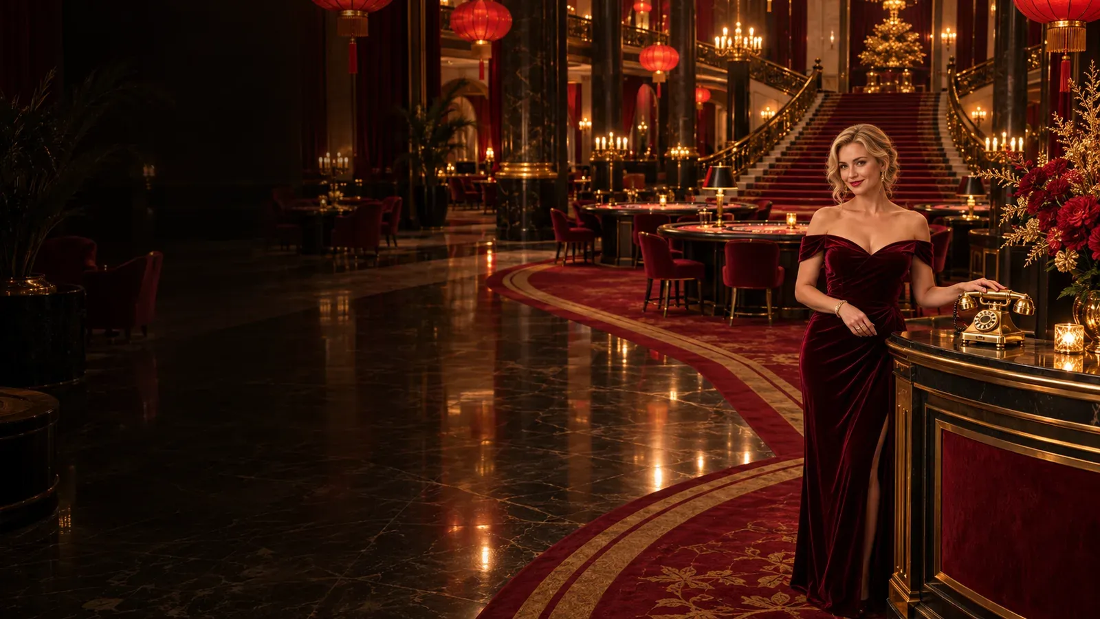 Woman resting a hand on a vintage gold telephone in a grand casino hall