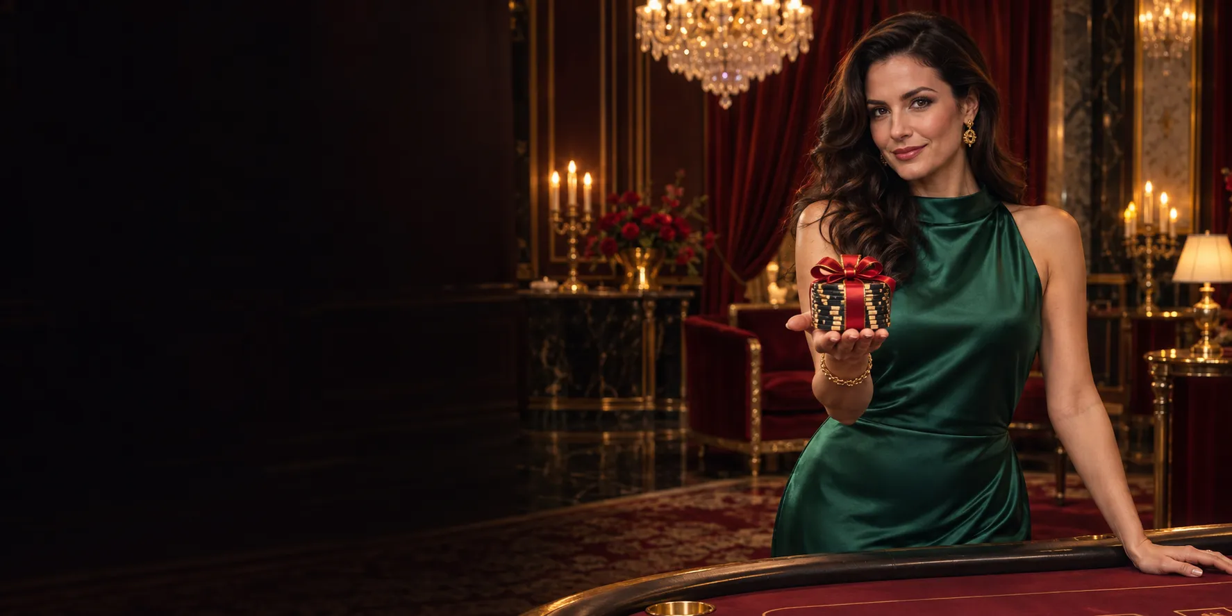 Woman presenting a ribbon-tied stack of casino chips in a chandeliered salon, symbolizing the Here2Win Casino welcome package
