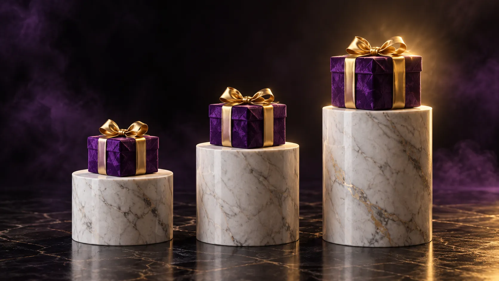 Three raised pedestals arranged for a tiered casino bonus display