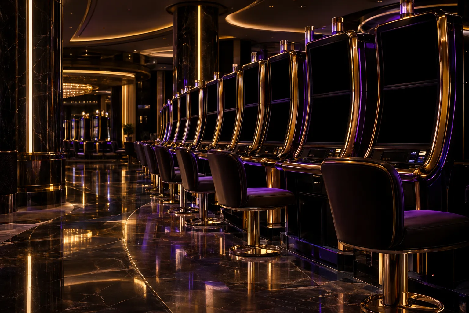 Rows of glowing slot machine cabinets on a casino floor