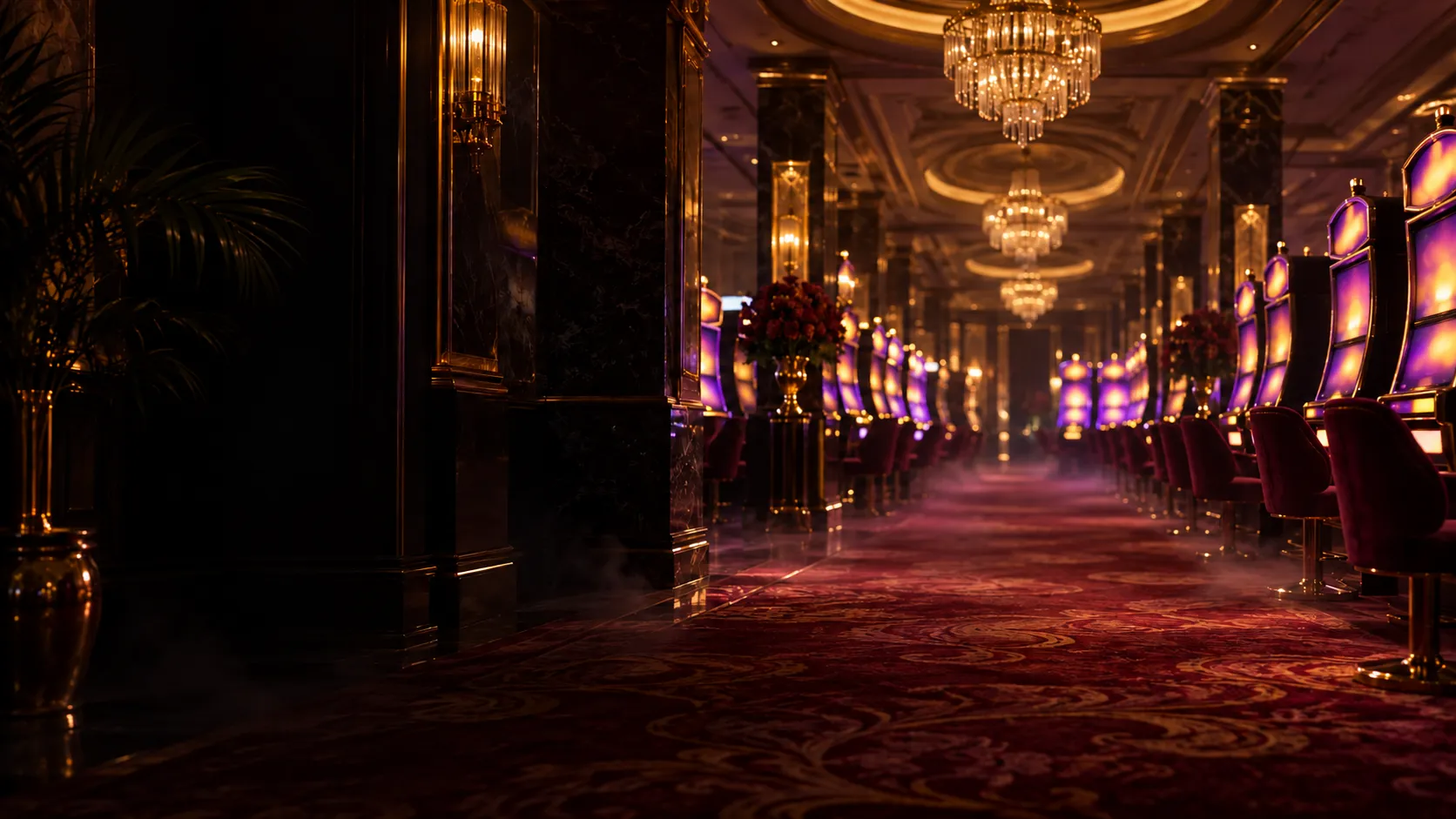 Glowing slot machine hall representing the wider Here2Win Casino slots guide