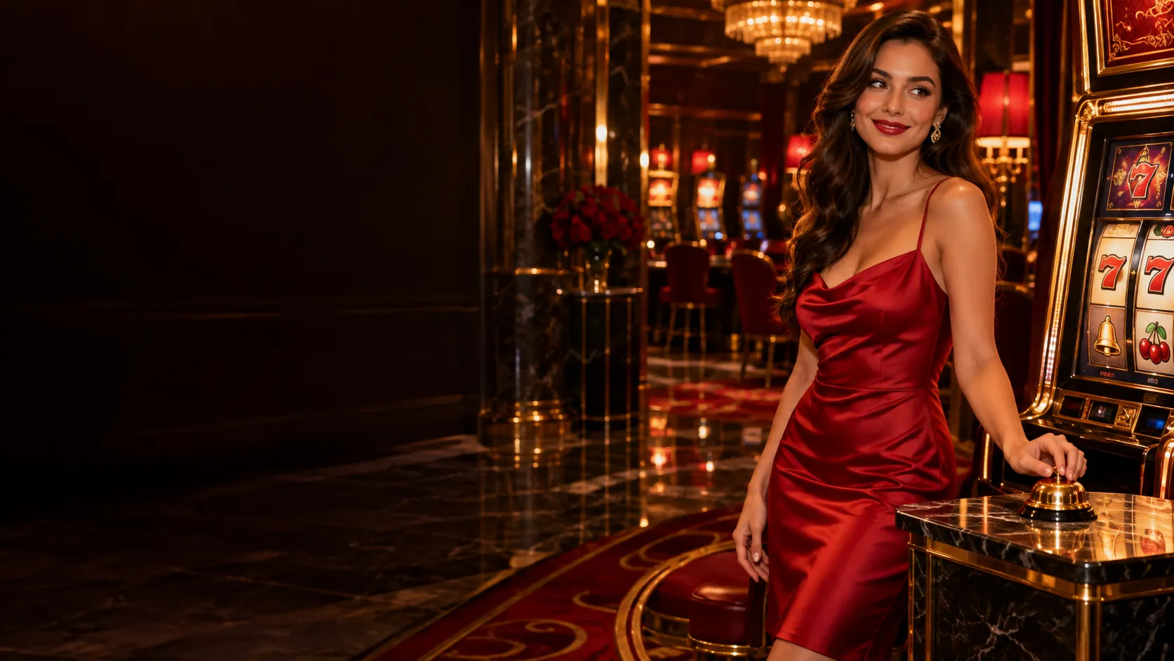 Woman beside a glowing slot cabinet resting a hand on a concierge bell, ready to answer Here2Win Casino questions