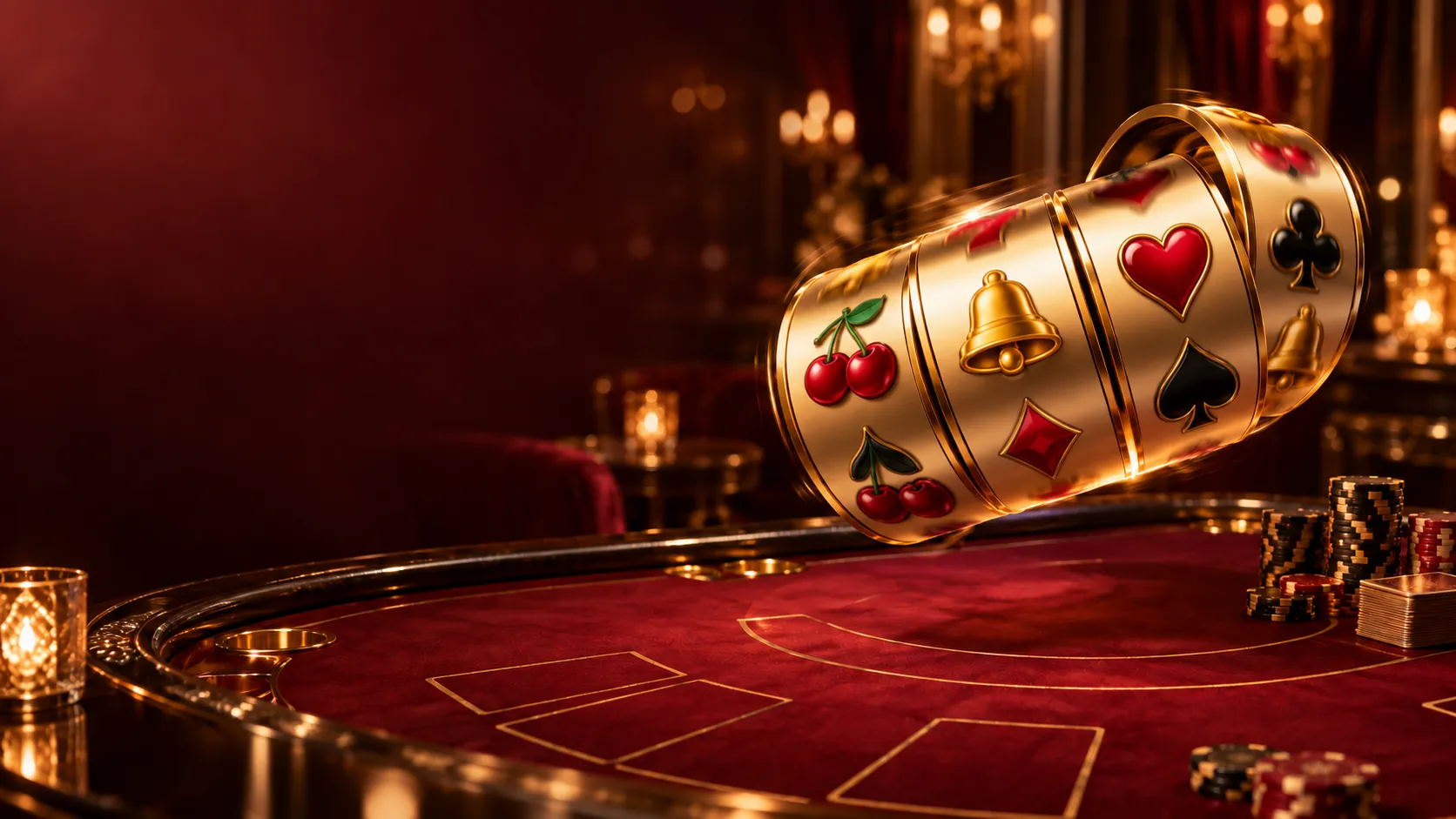 Golden slot reel strip spinning above a blackjack pit at Here2Win Casino