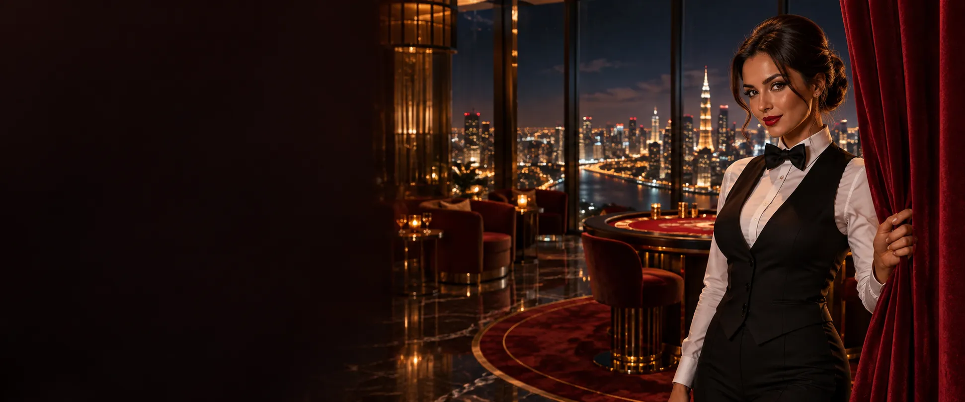 Croupier holding a private booth curtain in a skyscraper sky bar