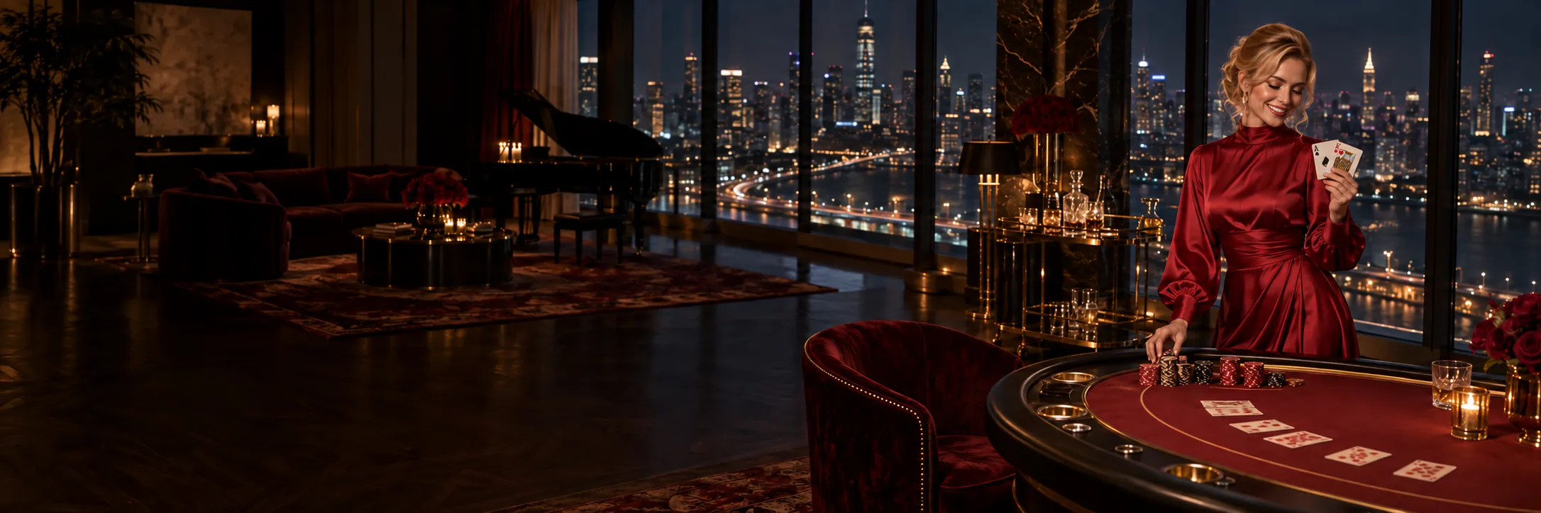 Woman in a red gown celebrating a winning hand beside a blackjack table in a luxury hotel suite
