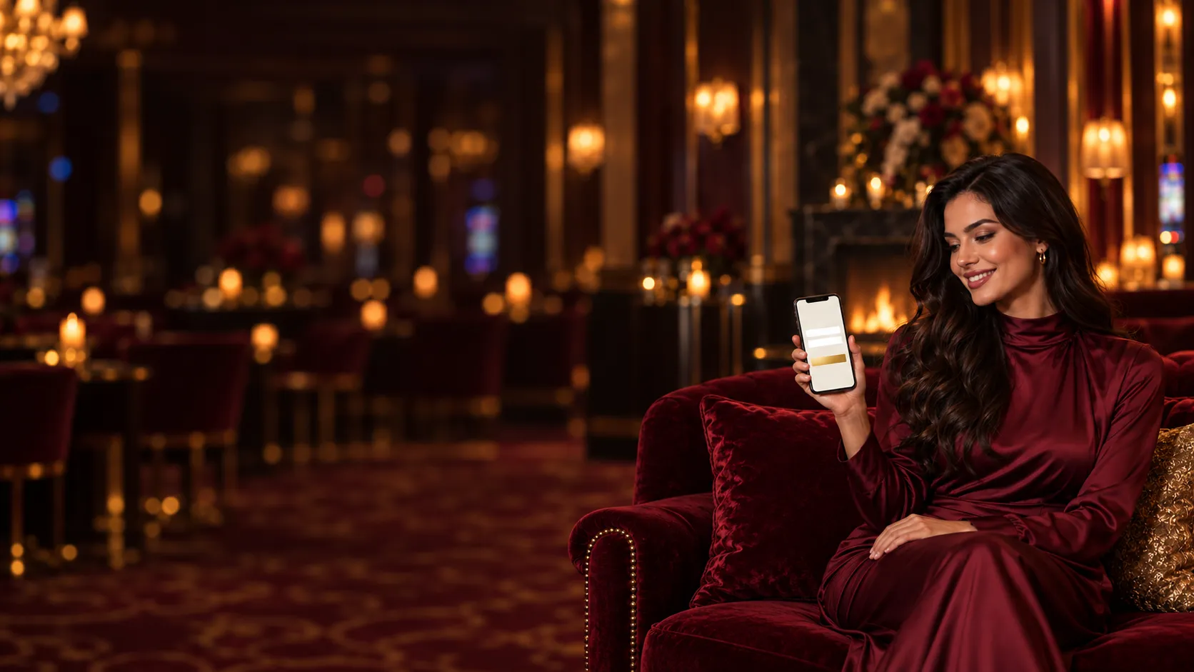 Smiling woman signing in to her Here2Win account on a smartphone in a casino lounge