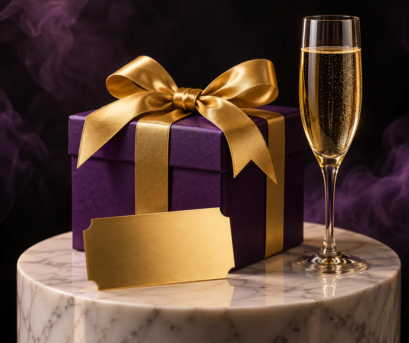 A gift box and admission ticket displayed on a pedestal, representing the Here2Win Casino welcome bonus