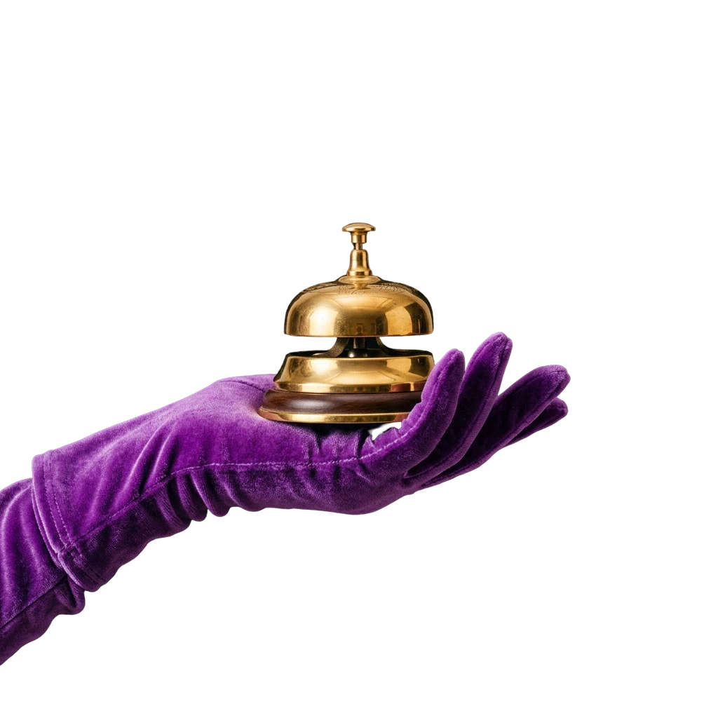 Velvet-gloved hand ringing a gold service bell, representing account support at Here2Win Casino