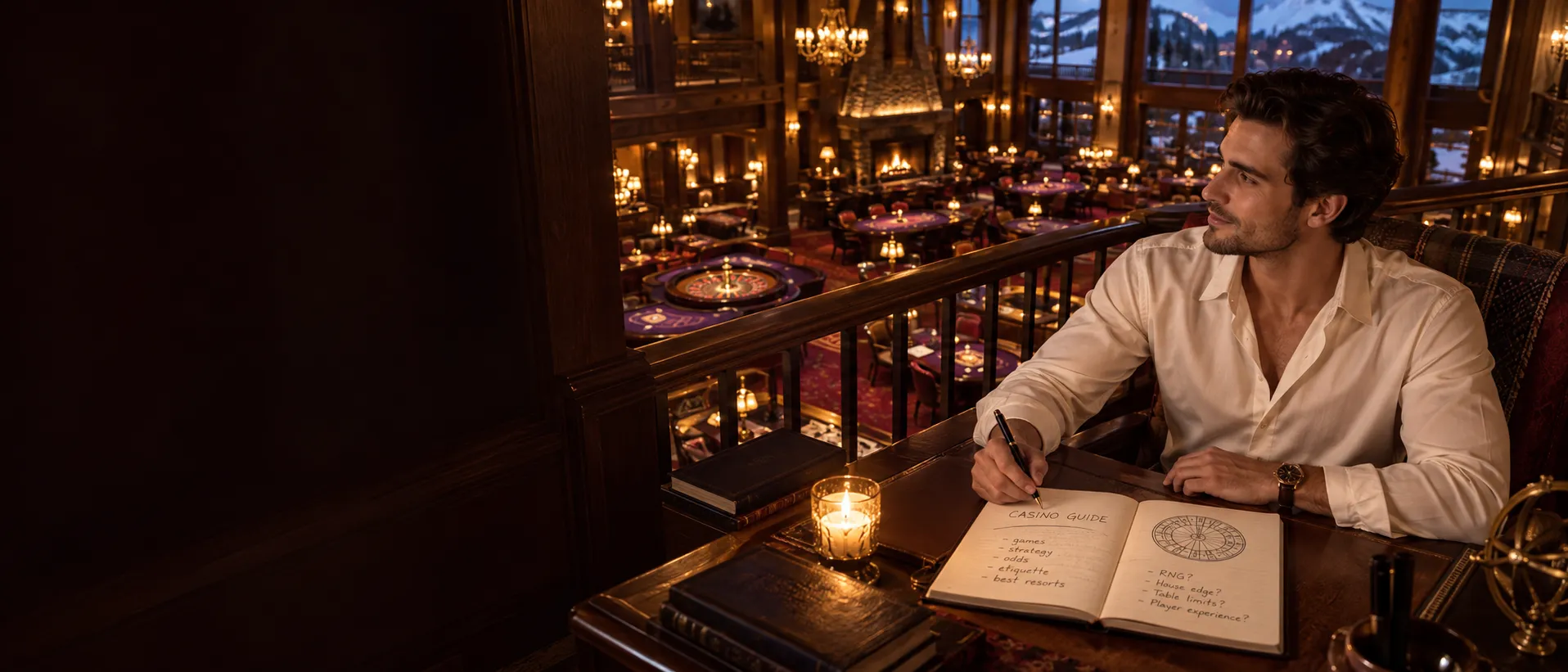 A man writing at a desk overlooking a casino floor in an alpine lodge, working on this Here2Win Casino guide