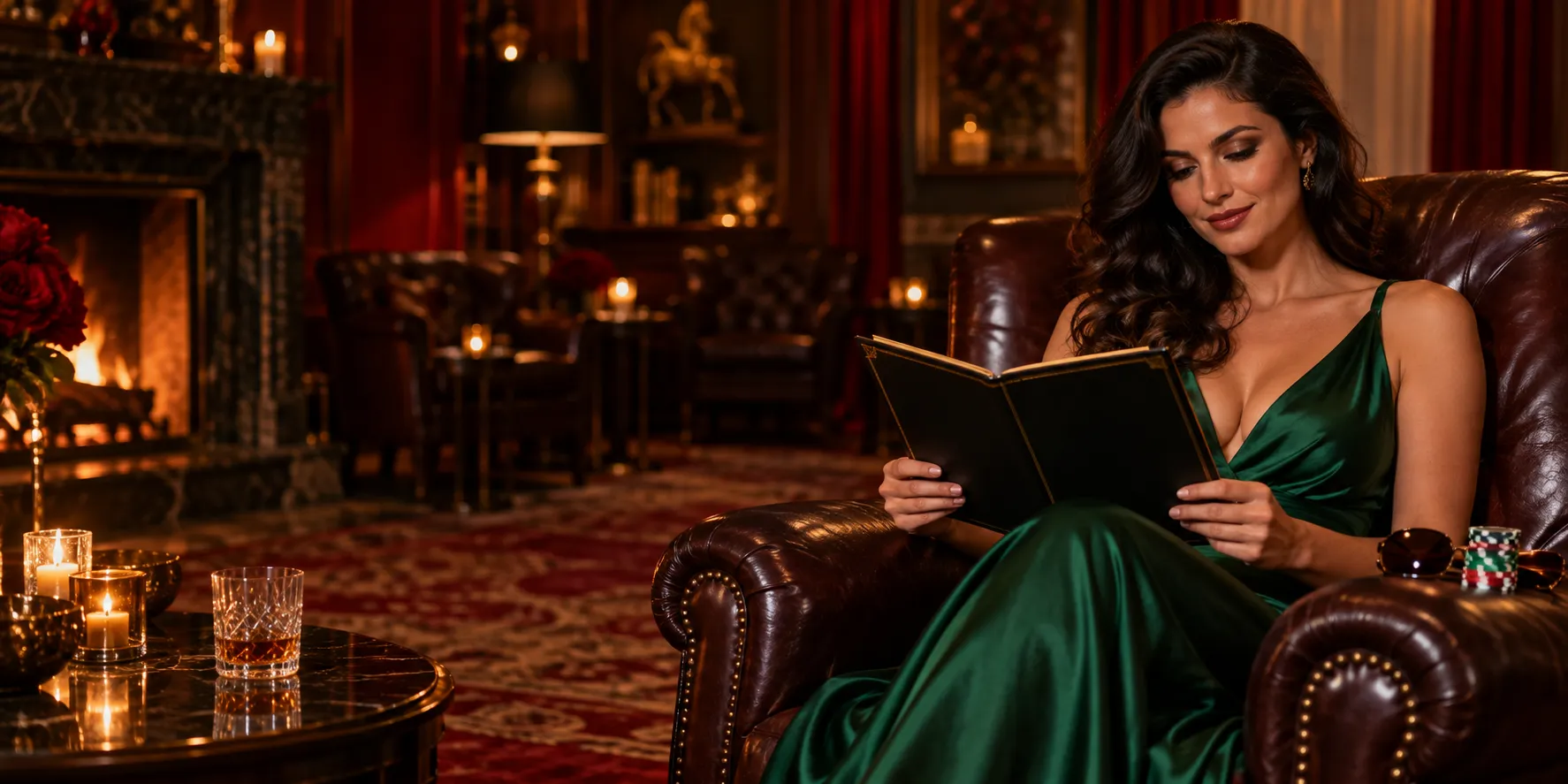 Confident woman in an emerald dress reviewing a licence folder in a poker lounge