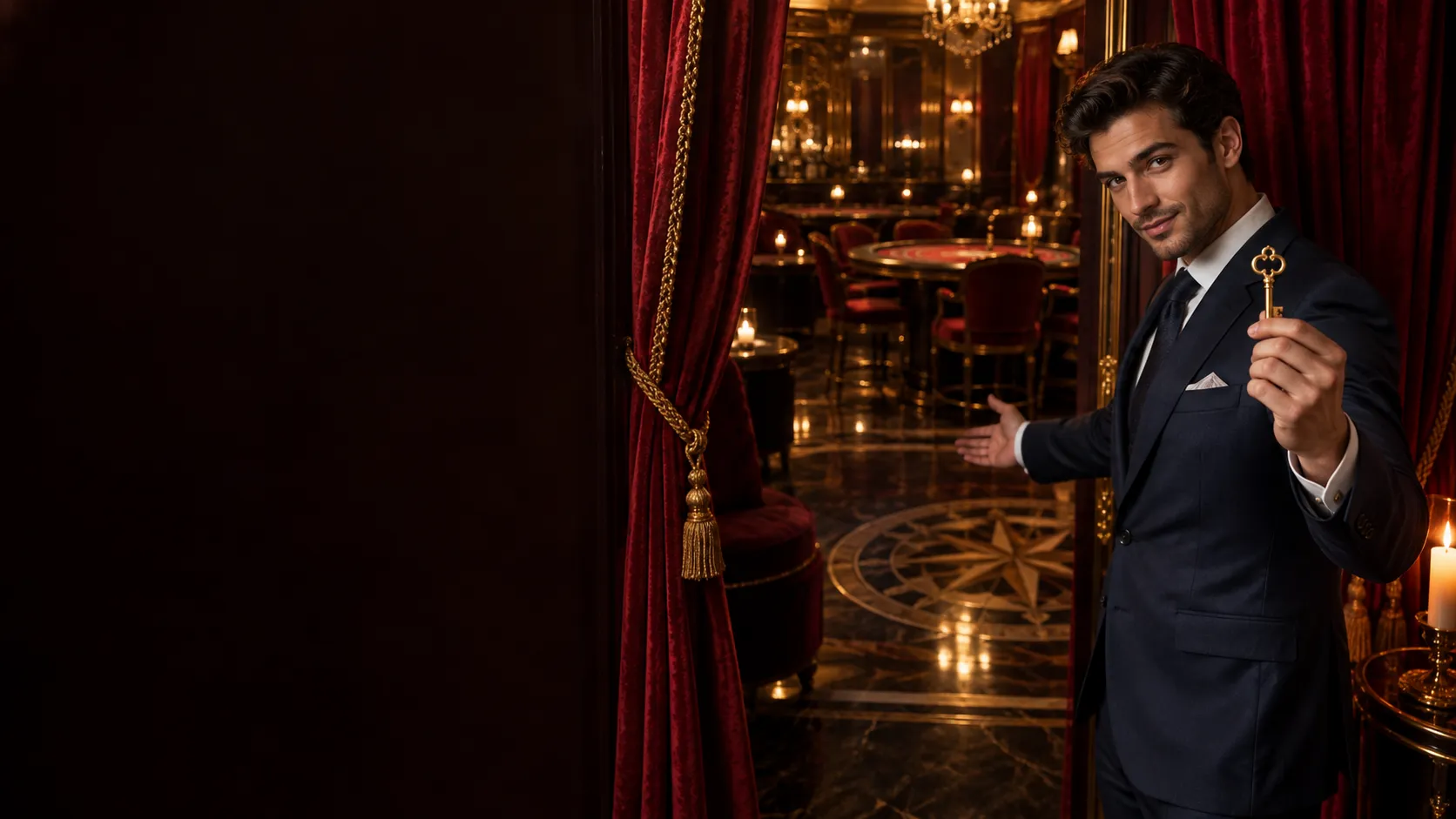 Man in a tailored suit holding a gold key at a speakeasy casino entrance, standing in for account access at Here2Win Casino